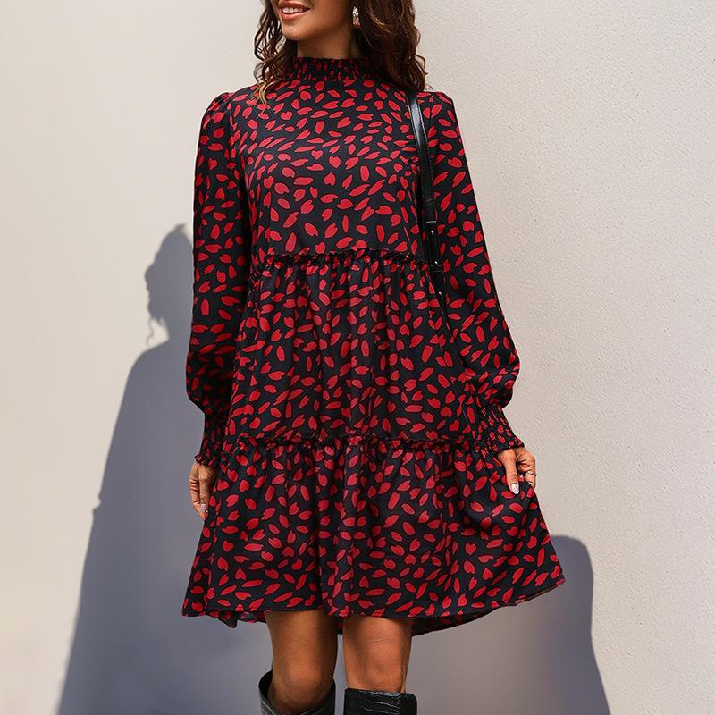 Herbst neues Retro lockeres Halbrollkragen Leopardenmuster Kleid