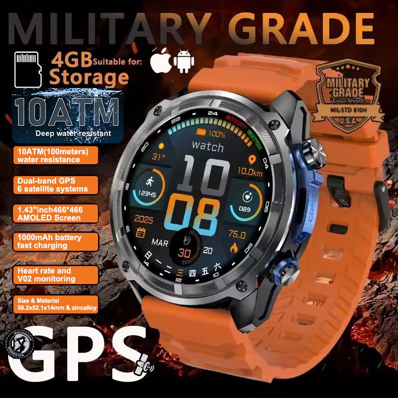 

2026 New Outdoor Adventure GPS Built-in GPS Map Bluetooth Call 4GB Memory 1000mAh Bluetooth Call 10ATM Waterproof Men Sports Smartwatch помаранчевий