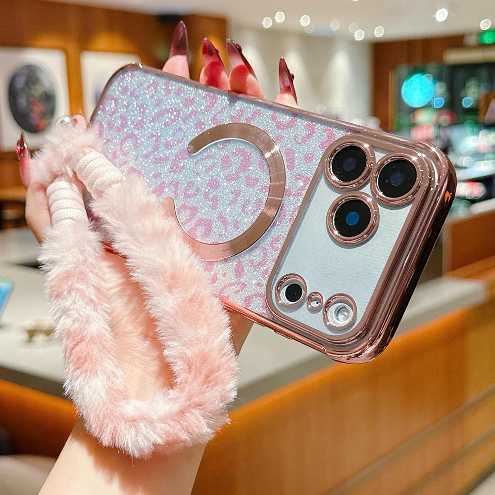 KEYSION Glitter Leopard Print Magnetic Phone Case for iPhone 13 14 15 16 17 Pro Max 17 Air 16 Plus With Plush Lanyard Shockproof Cover