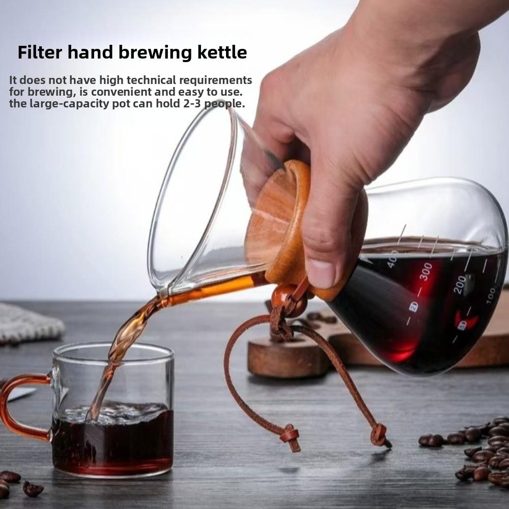 Filter Pot Stainless Steel Coffee Pot with Filter Mesh Glass Tea Kettle 400ML/600ML Wooden Handle Coffeeware Home