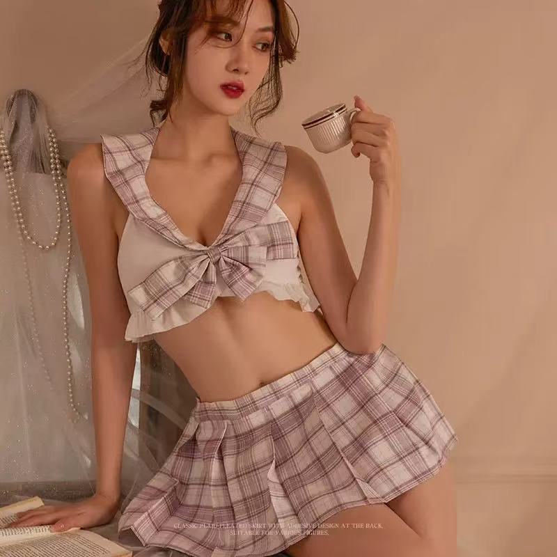 Sexy lingerie sexy plaid jk student dress summer lace-up hollow schoolgirl