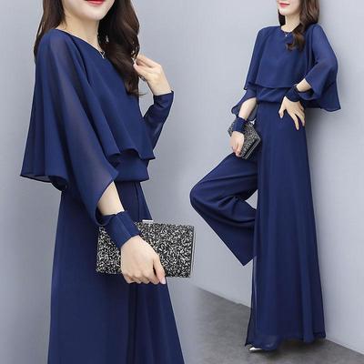 Calças de duas peças em chiffon tamanho grande, redução de idade e magreza, calças largas, terno elegante e temperamental, leve e respirável