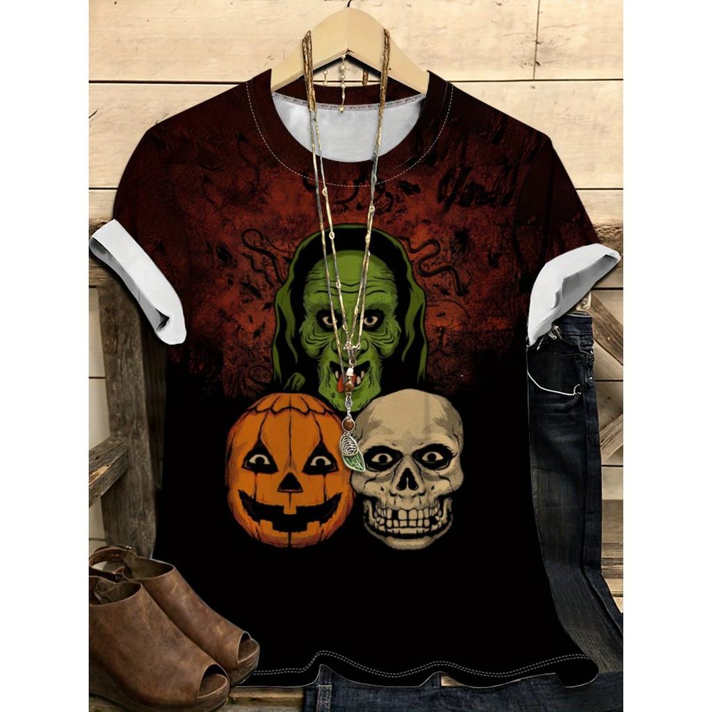 Summer Round Neck 3D Halloween Themed Pattern Print Top Fashionable Casual Short Sleeved Women's T-shirts