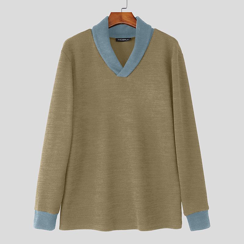 INCERUN Spring Autumn Men Long Sleeve Stitching Casual Loose Knitted Pullovers Tops