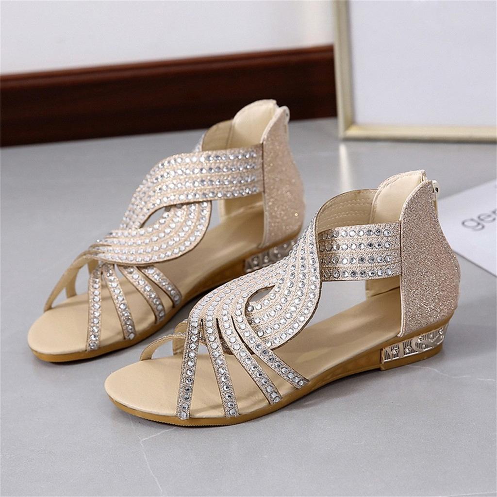 Sandals Women Women'S Ladies Fashion Vintage Crystal Outdoor Hollow Out Zip Up Sandals Shoes Womens Sandals Pu