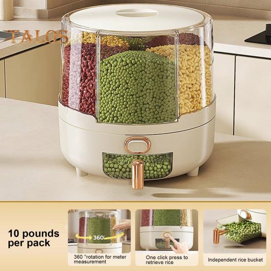 360-Degree Rotating Cereal Dispenser Rice Container with Lid Large Capacity Multiple Compartments Grain Storage Organizer