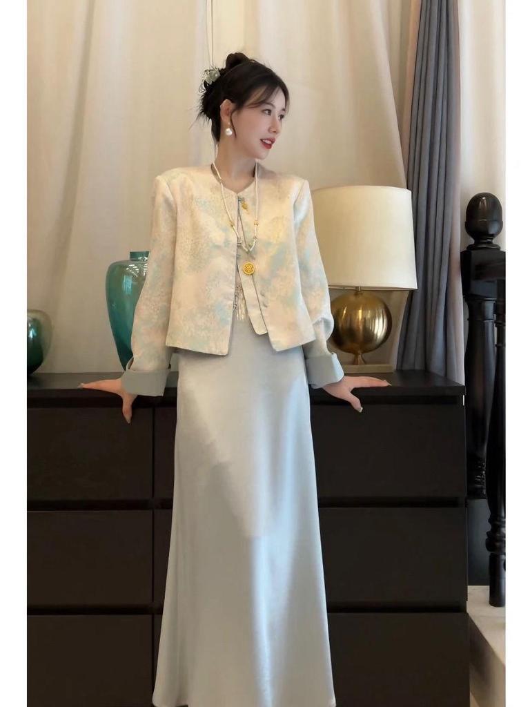 2025 Spring Women's Chinese Jacquard Frog Button Coat with Satin Midi Skirt Set
