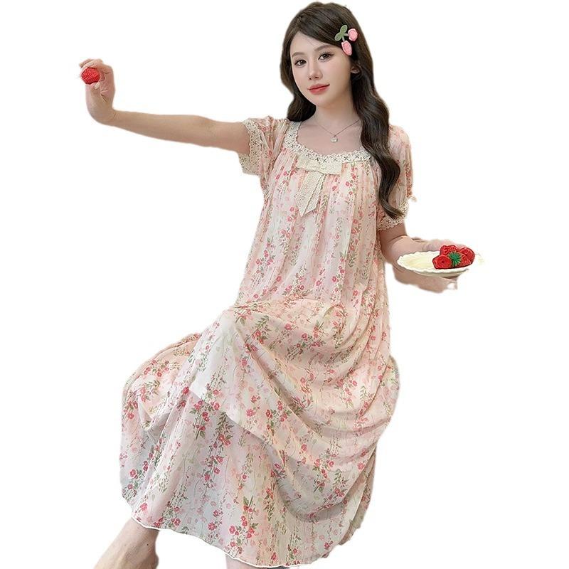 Linglei Summer Printed Lace Bow Mesh Court Princess Style Long Nightdress Pajamas Loungewear Women