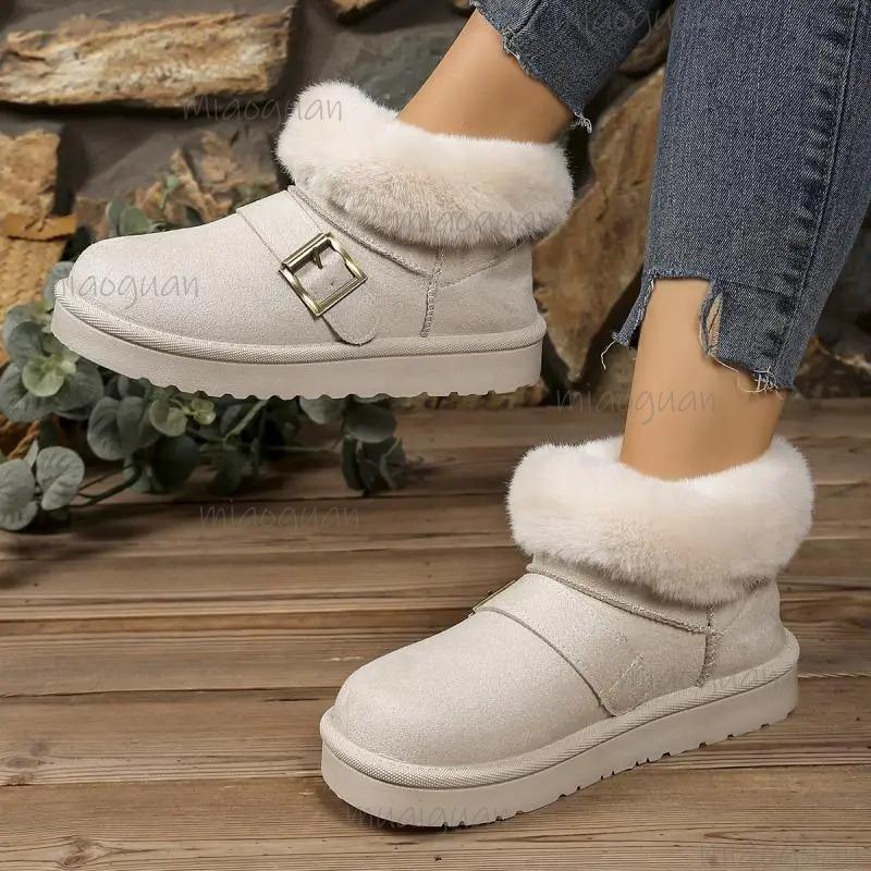 Fashion Casual Metal Buckle Decoration Thick Bottom Snow Boots Fashion Faux Fur Low Heel Boots Women Winter Warm Short Plush Shoes