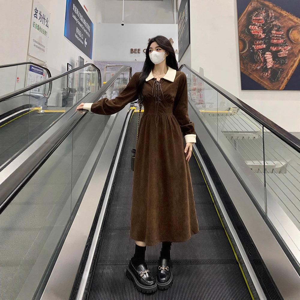 Large size slightly fat mm contrasting corduroy waist thin meat cover dress women's autumn lapel chic retro skirt