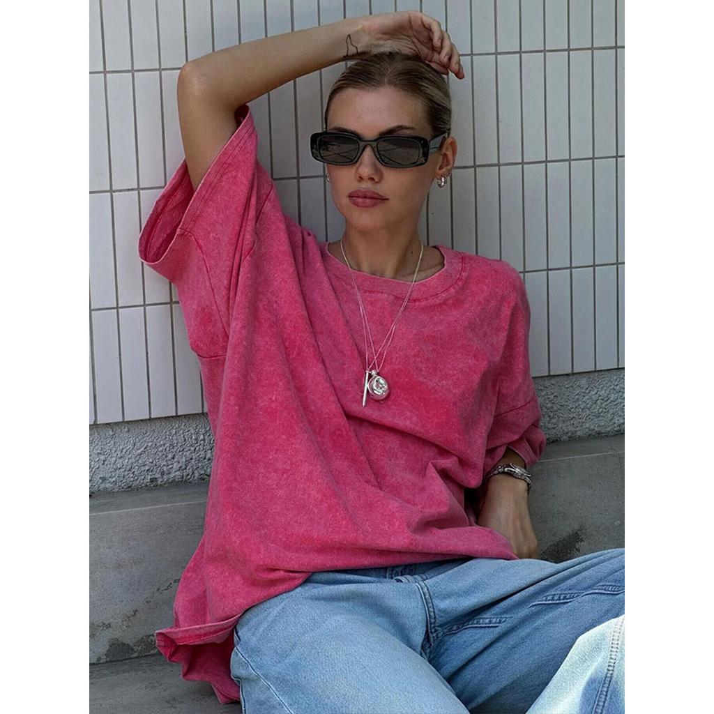 Cotton Retro T-shirt Men Women Vintage Short-sleeve Wax Printing T Shirts Solid Color Hip Hop Loose Tees Plus Size