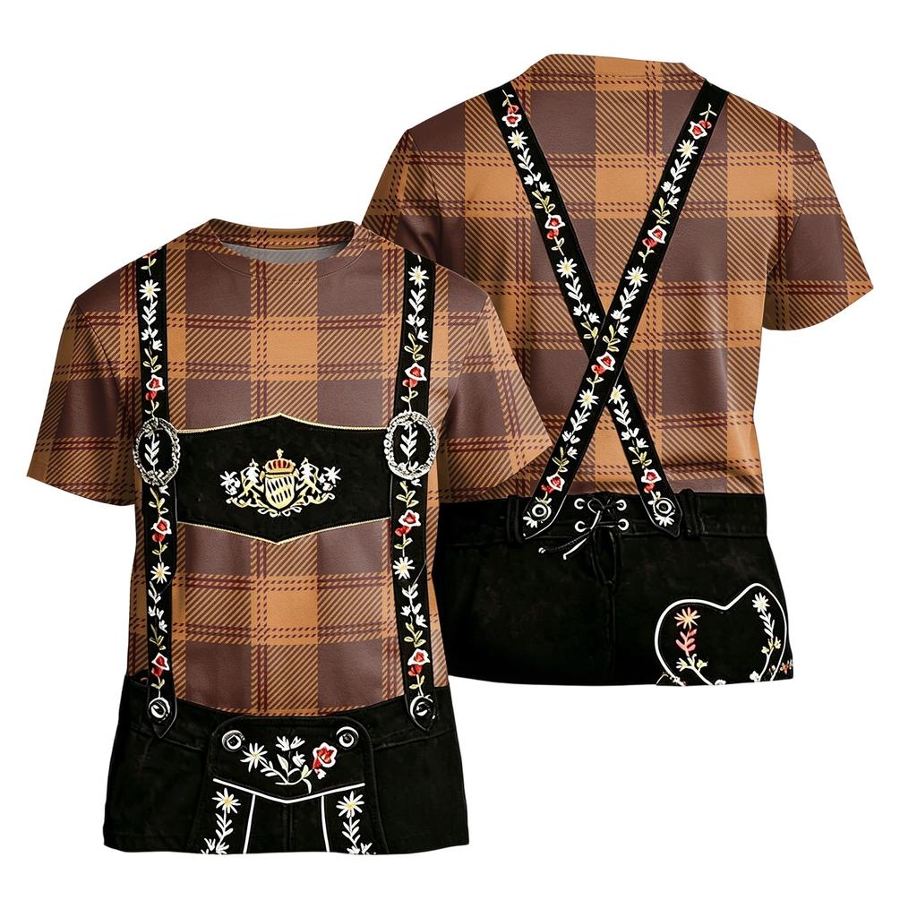 Men’s Vintage Style Short Sleeve T Shirt with Retro Plaid and Festival Inspired Print Loose Fit Casual Summer Top