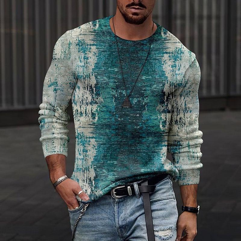 Rundhals 3D-bedrucktes Batik-Streifenmuster Top Modische lässige langärmelige Herren-T-Shirts