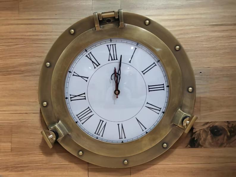 Antique Brass Nautical Maritime Ship's & Boat Clock Marine Time Beach Style Quartz Wall Clock Porthole ~ Home Décor Gift, Housewarming Gift