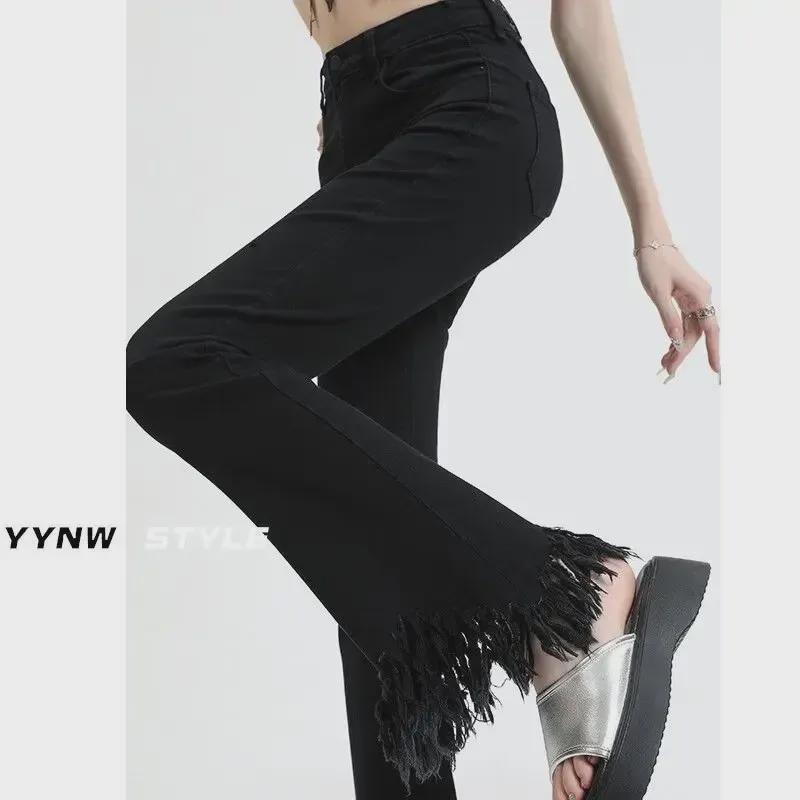 Damen Schwarze Schlagjeans mit Hohem Bund - 2024 Frühling/Herbst Elastische Slim Fit mit Offener Kante