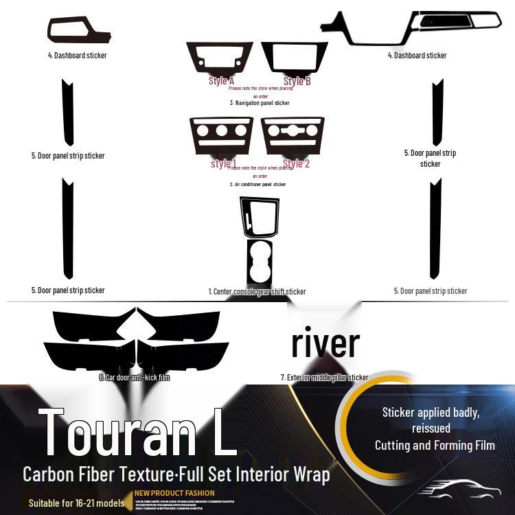 Carbon Fiber Gear Shift and Door Wrap Stickers for 2016-2021 VW Touran Interior.