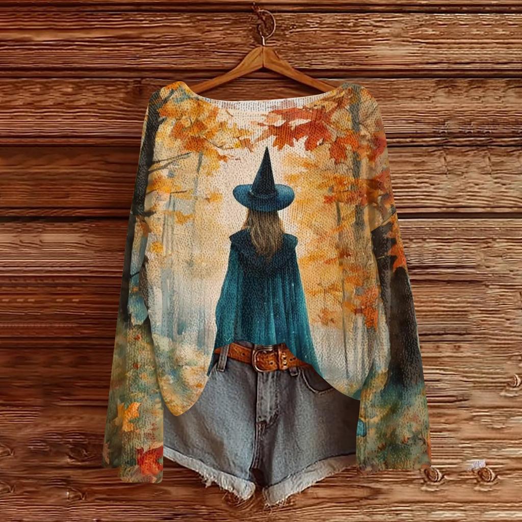 Women's Casual Long Sleeve Halloween Print Round Neck Knit Pullover Sweater Top