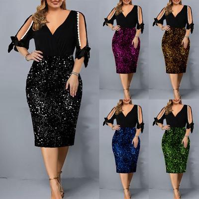 Women's Fashion Large Size Sequin Mesh Minutes Sleeve Waist Dress