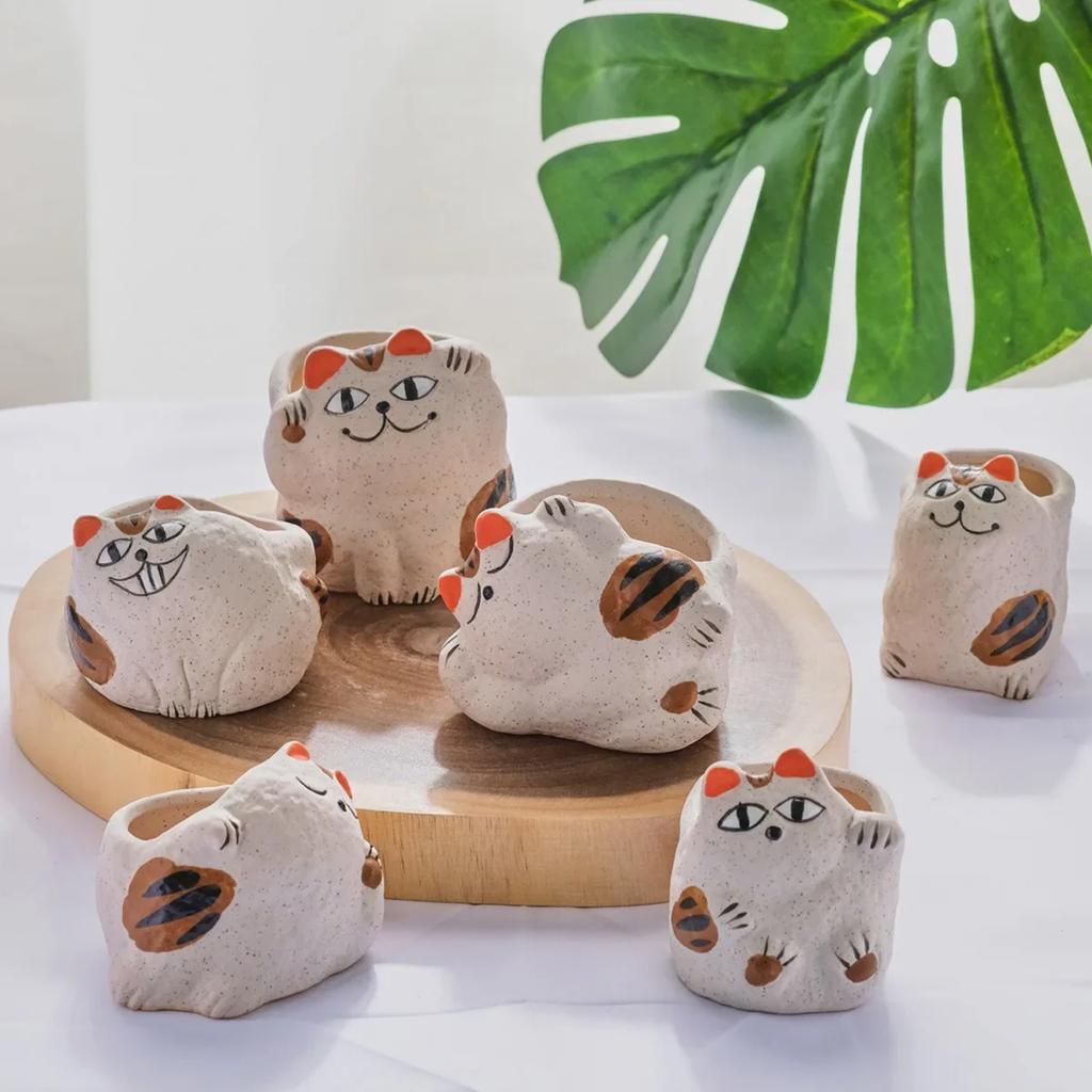 Fortune Cat Ceramic Succulent Flower Pot Home Balcony Desktop Decoration Animal Flower Pots with Leakage Holes Cactus Planter