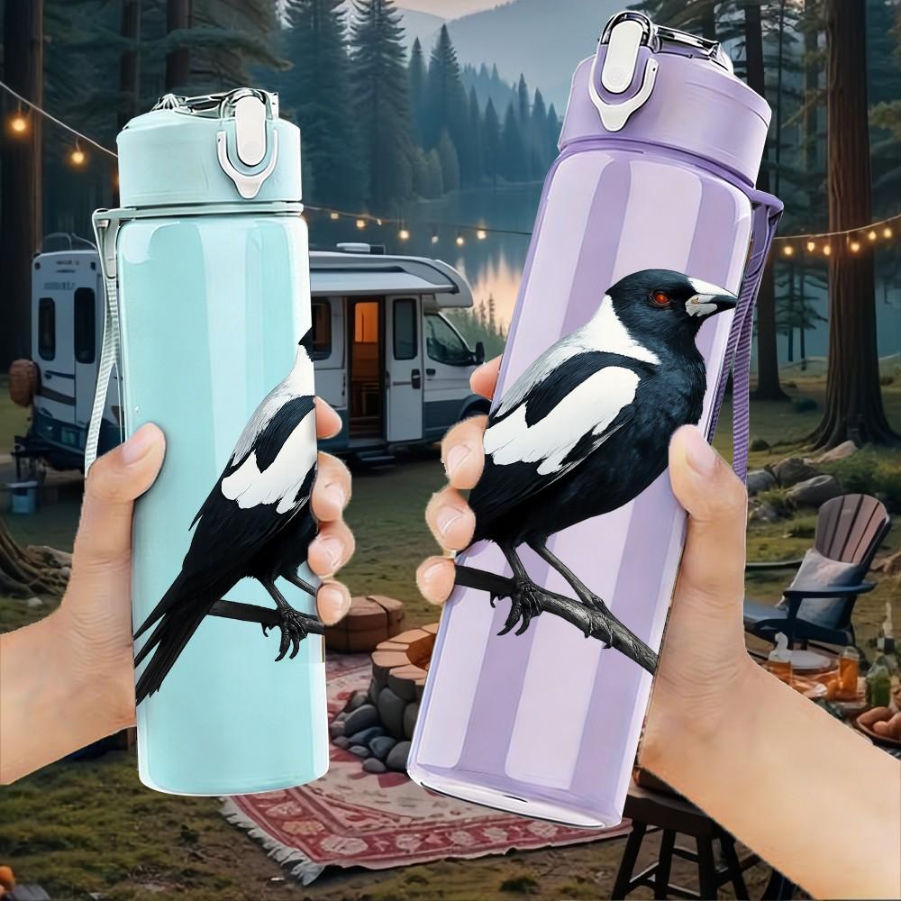 1PC Black Magpie Bird Illustration 750ml Color Plastic Sports Water Bottle Leakproof Flip Straw Lid Suitable for Sports Office Home Use