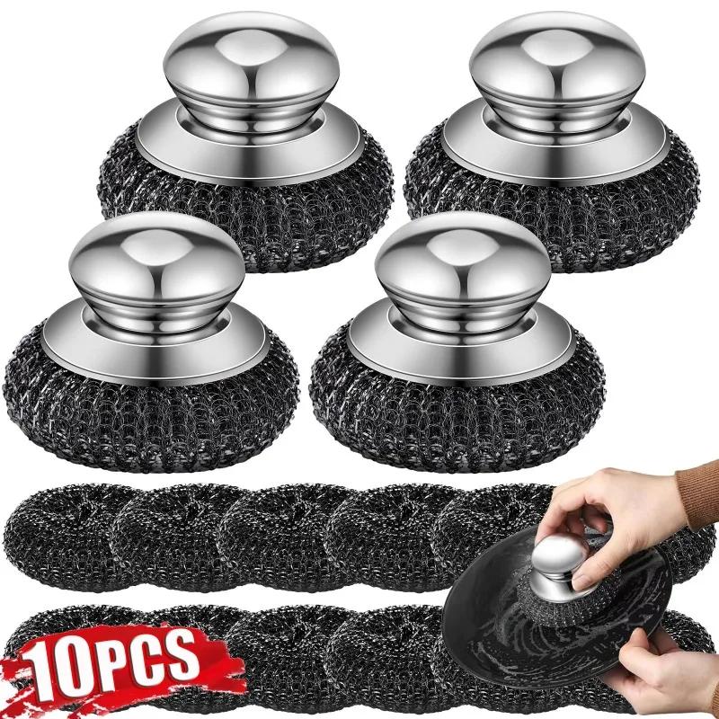 Stainless Steel Pot Brush with Handle And Robust Metal Ball Dishwashing Cleaner Metal Purifier for Kitchen - 1-10 Pieces