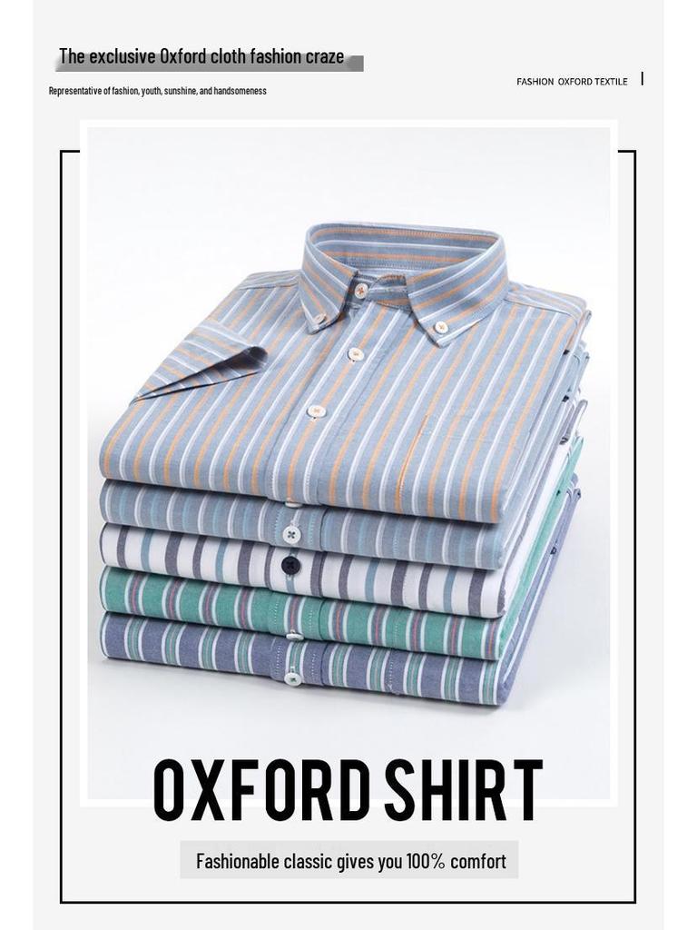 Herr sommar Oxford bomull kortärmad skjorta - Business Casual, Enzymtvättad, Antibakteriell