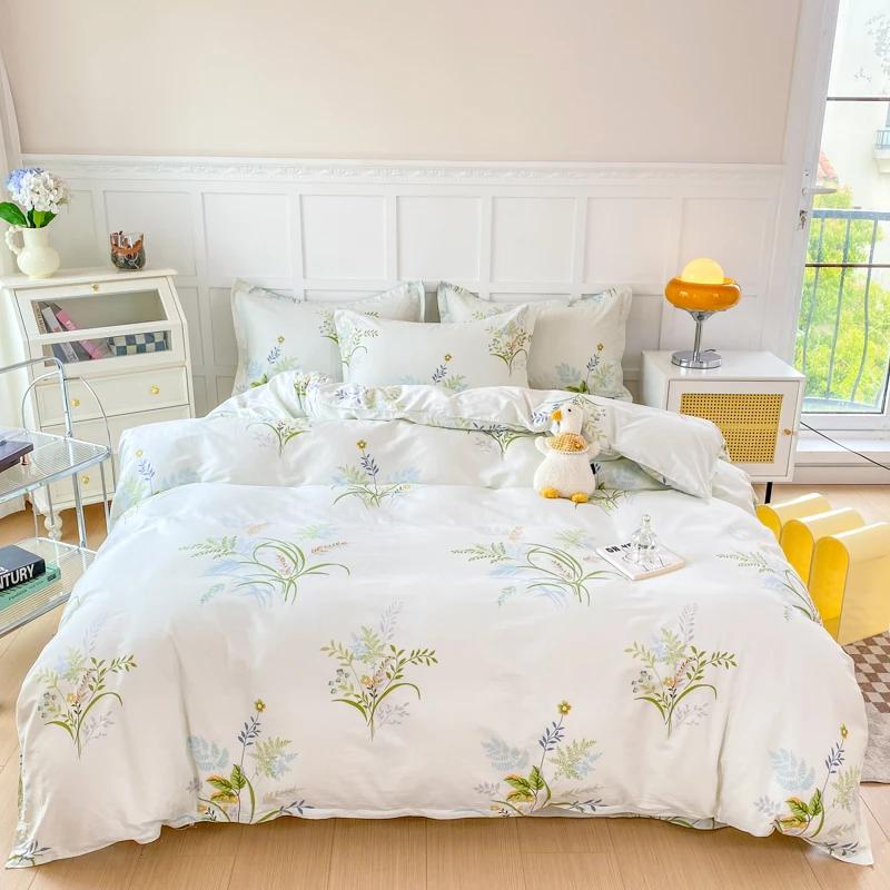 Floral Plants Duvet Cover Set 100% Cotton 3Pcs Blue Quilt Cover with 2 Pillowcases Skin-friendly Soft Bedding Set for All Season