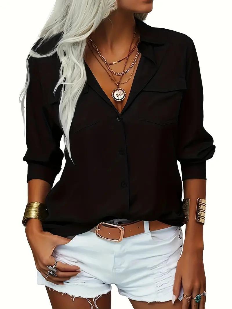 Women Pocket Lapel Button Down Long Sleeve Shirt Loose Casual Office Blouse S чёрный