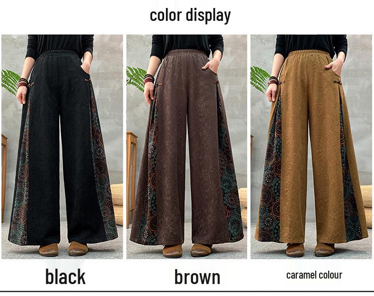Women's Ethnic Retro Jacquard Wide-Leg Pants, Spring 2025 - Loose, Slimming, Frog Button Patchwork Culottes