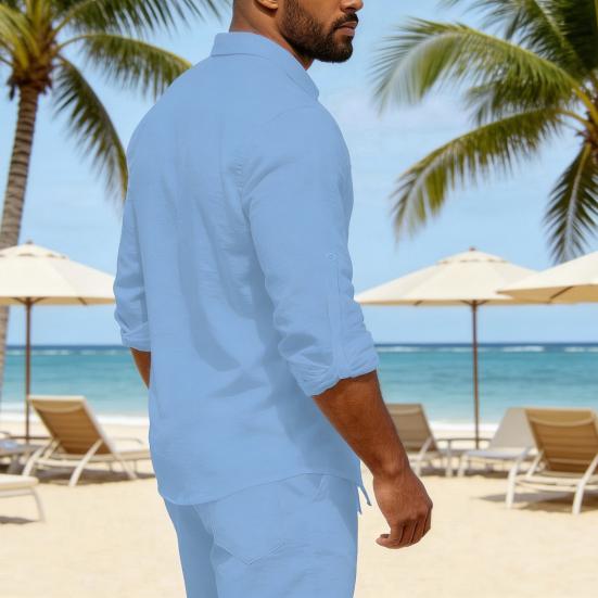 Men Long Sleeve Shirt Turndown Collar Button-Down Shirt Loose Fit Solid Color Shirt for Summer Beach Vacation Travel