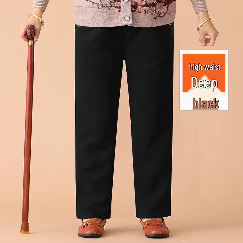Mom's Fleece-Lined High Waist Warm Pants for Elderly – Loose Fit, Straight Leg Trousers for Spring & Autumn