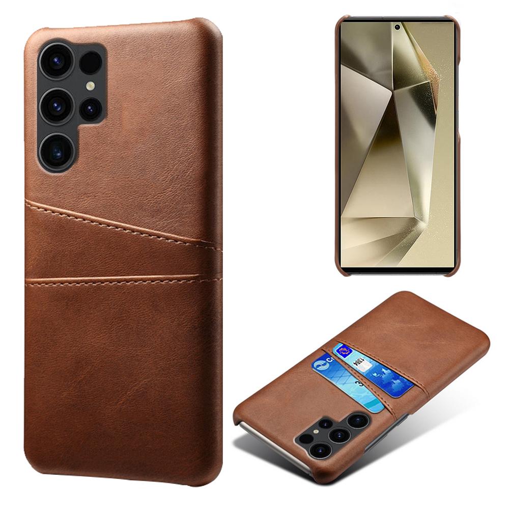 

For Samsung Galaxy S24 Ultra Phone Back Protector PU+Hard PC Case with Dual Card Slots Brown