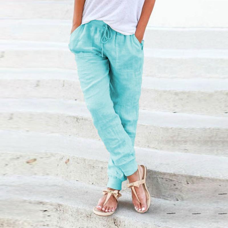 Women's Casual Cotton Hemp Pants Pure Color High Waist Ankle Simple Spring Autumn Female Pocket Pant