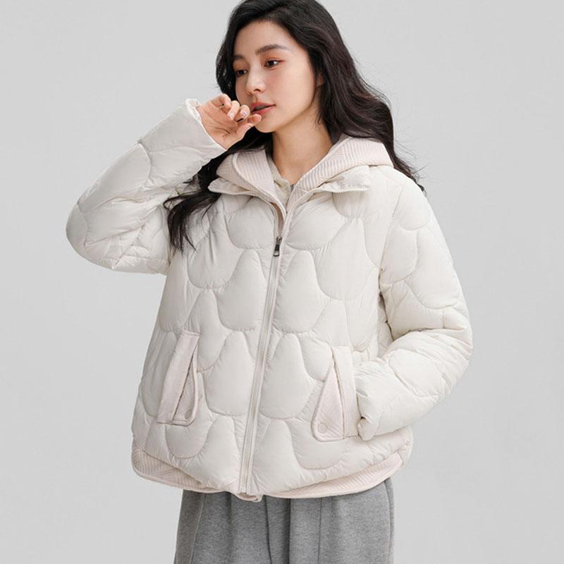 Veste d'hiver tendance ample en coton rembourrée de duvet pour femme à capuche confortable fausse deux pièces manteau bouffant élégant polyvalent vêtement d'extérieur