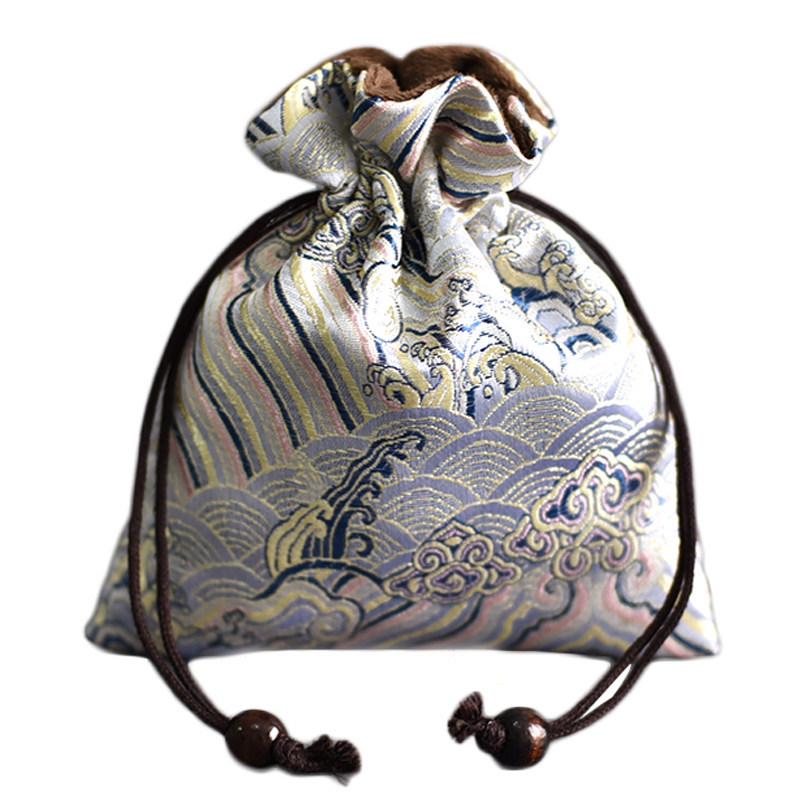 Hand-Embroidered Brocade Double-Layer Cotton Linen Drawstring Jewelry Bag