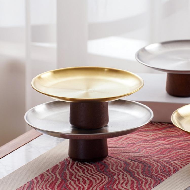Stainless Steel High Footed Cake Storage Tray Appetizer Platter Fruit Display Plate Household Wood Base Snacks Pans