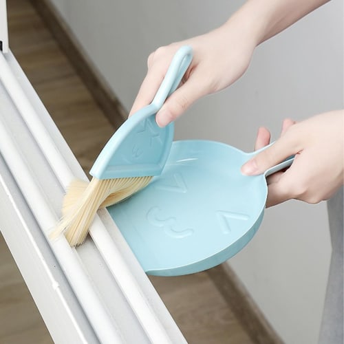 Queen-b Mini Broom and Dustpan Set, Compact and Cute, Perfect for Desktops, Tables, Study Desks, Kitchens, Shelves, and Offices (Blue)