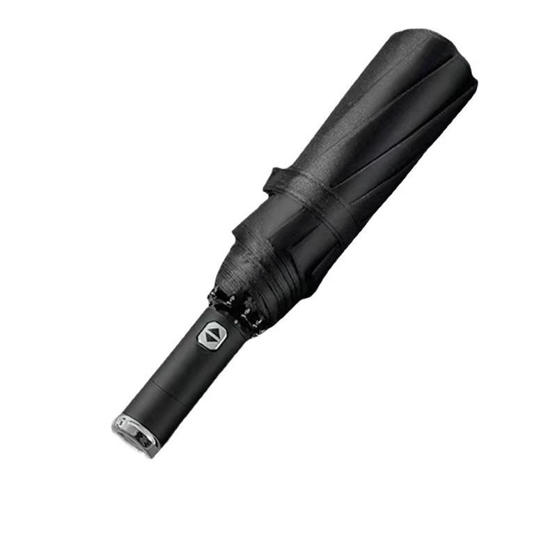 Guarda-chuva LED Rotativo de Lanterna Dupla Uso Sol Chuva com Estrutura de 10 Varetas Automático Proteção UV Compacto para Viagem Sombra