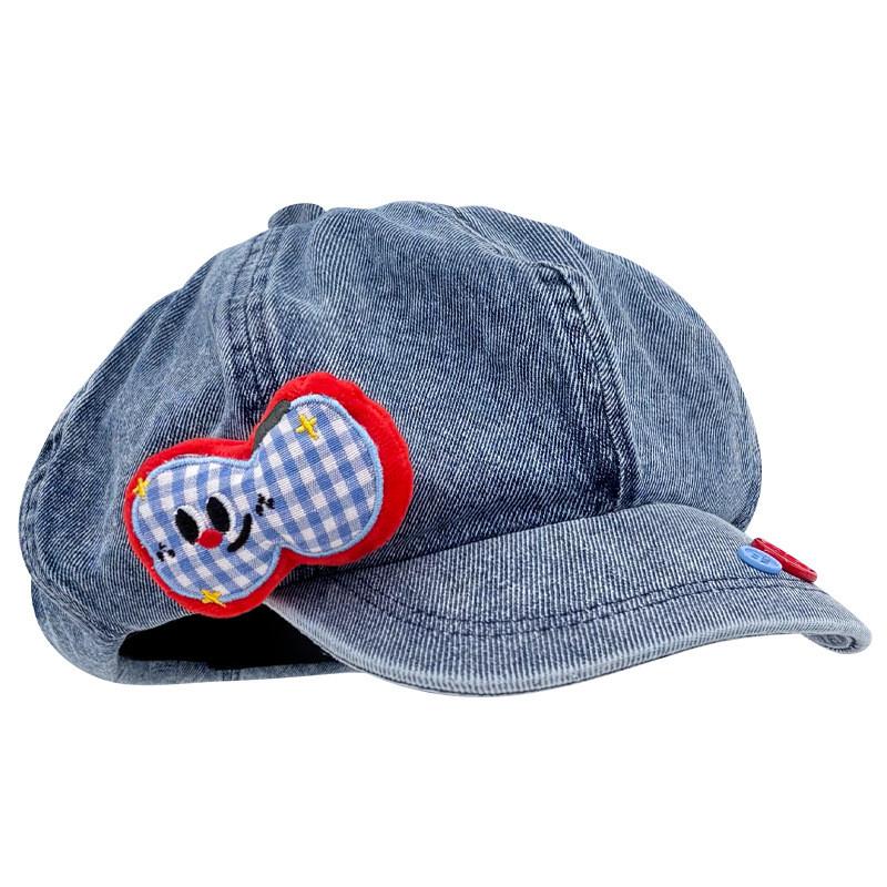 Fruit Apple Button Denim Beret Hat With Cloud Design For Womens Spring Casual