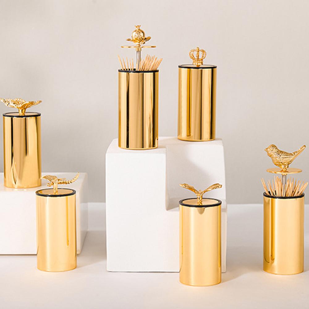 European-style Gold-plated Pressed Toothpick Box Animal Accessories Stainless Steel Toothpick Tube Home Cotton Swab Dispenser