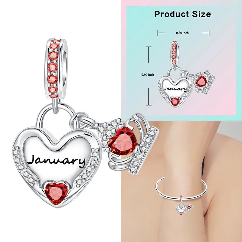 Copper 12 Months Birthstone Heart-Shaped Beads Charms Fit Original Bracelet Charm Beads Necklace Diy Female Jewelry