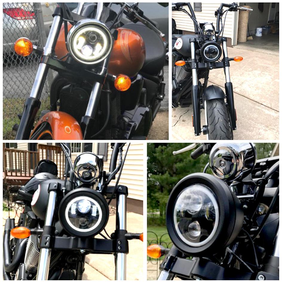 Headlight 5.75 Inch Black Halo Angel Eyes LED For Harley Sportster 1200 883 Street Softail Dyna 5-3/4" Projector Round Headlamp