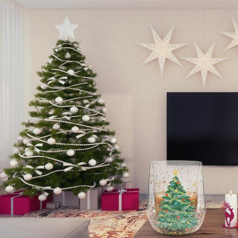 Drinking Cup with Christmas Tree Sparkles Double Walled Sparkling Christmas Tree Glass Mug for Warm Beverages