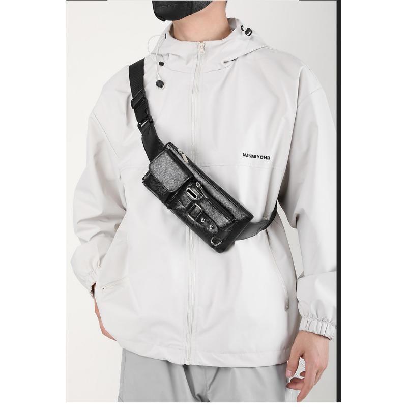 Men's PU Leather Waist Bag Simple Outdoor Casual Black Waist Pouch Men's Business Travel Waist Chest Bag