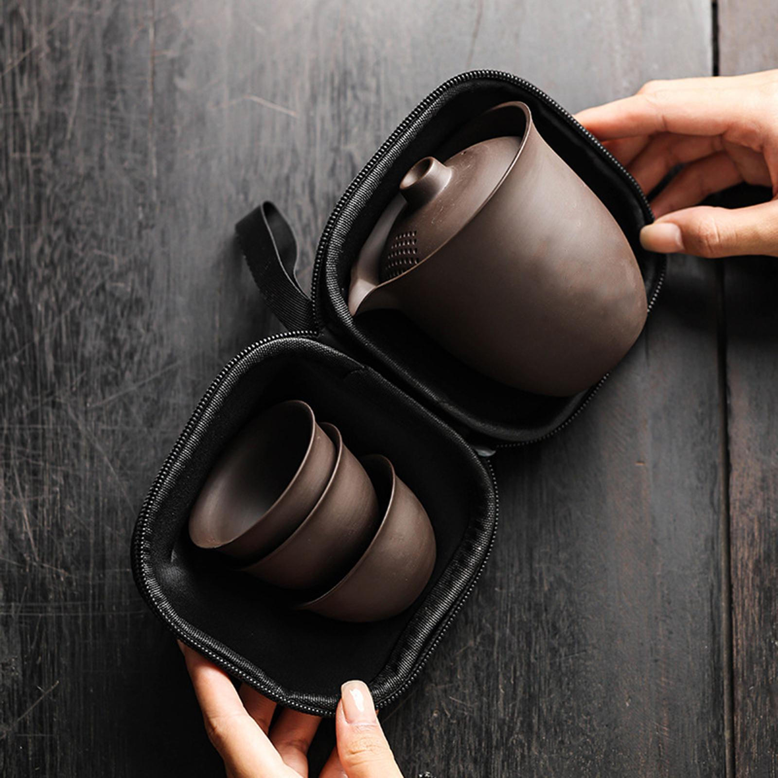 

Travel Porcelain Tea Pot Set Kungfu Teapot with Storage Bag Teacups for Home Office Dorm Solid Color