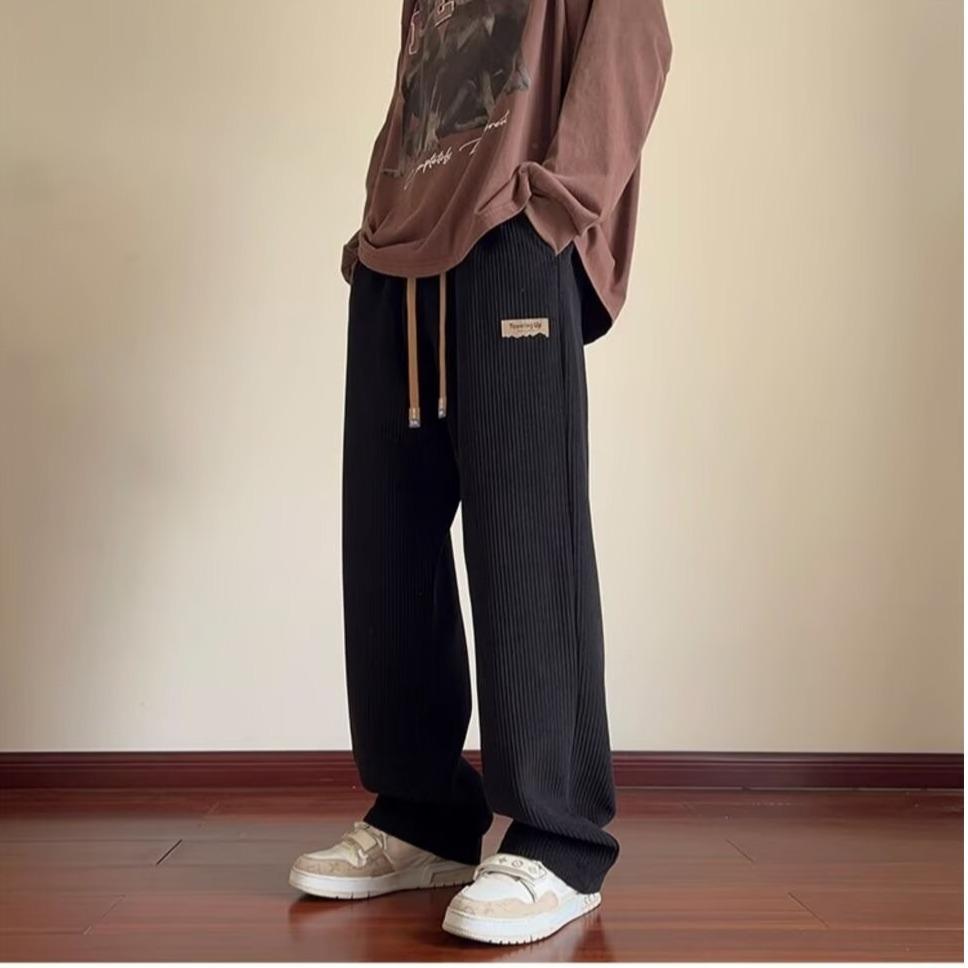 Men's Autumn Winter Fleece-Lined Corduroy Pants Oversized Sporty Bell Bottoms Thickened Straight-Leg Pants Casual Style
