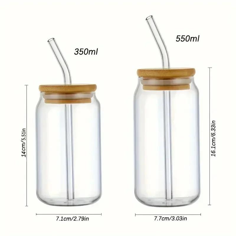 350ml/550ml Glass Cups with Bamboo Lids and Straw 1pc Mason Jars Coffee Mug Beer Can Shaped for Cocktail Whiskey Milk Juice Cola