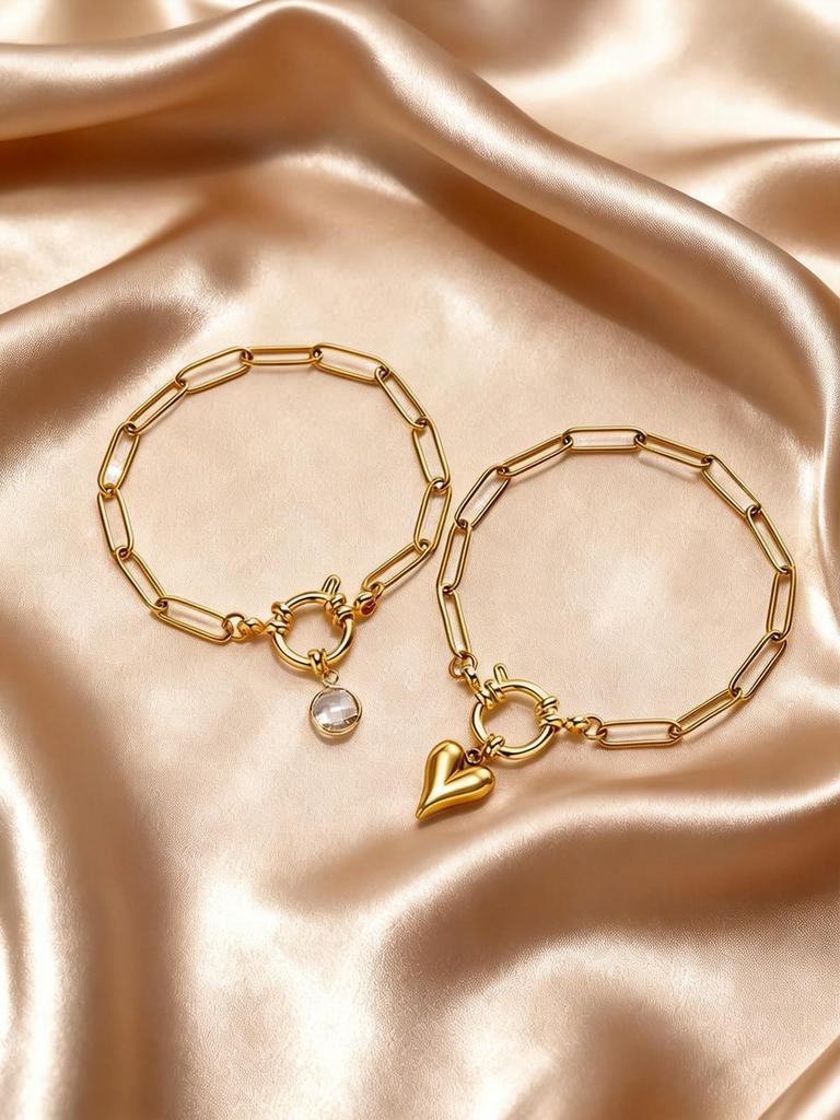 Stainless Steel Paperclip Link Chain Zircon Heart Charms Bracelets for Women, 18K Gold Plated Spring Bubble Clasps Bracelet