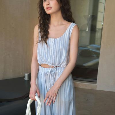 Summer Korean Version Resort Striped Vests Casual Simple Drawstring Tie Short Casual Tops Women