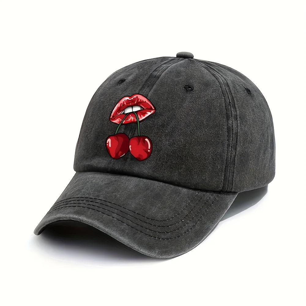 Sexy Lippen Kirschmuster Gewaschene Baseballkappe Trendige Unisex Freizeit Polyester Verstellbare Sportkappe